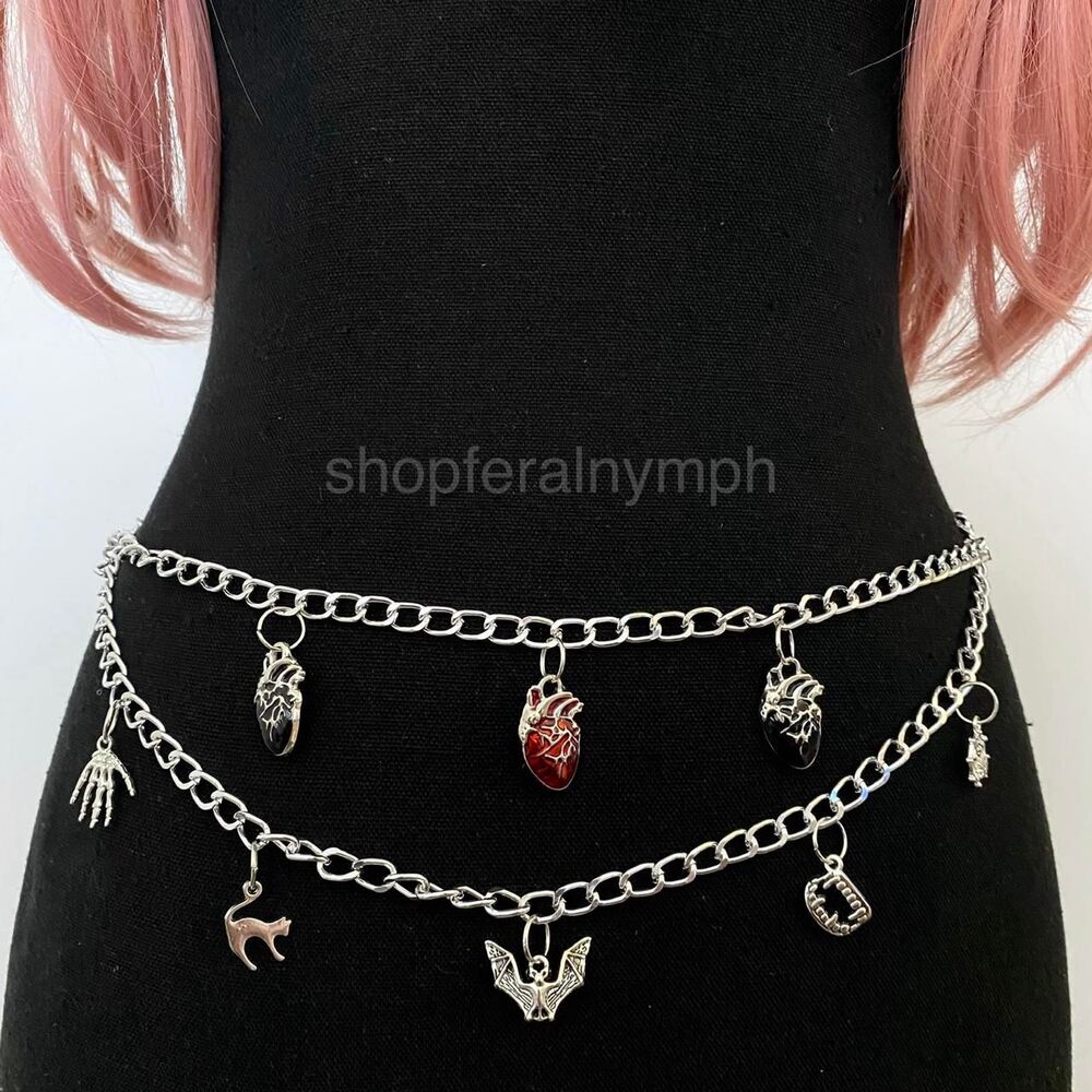 Silver Handmade Goth Heart Tiered Chain Belt, Fits 18-45 Inches, X7GA1353